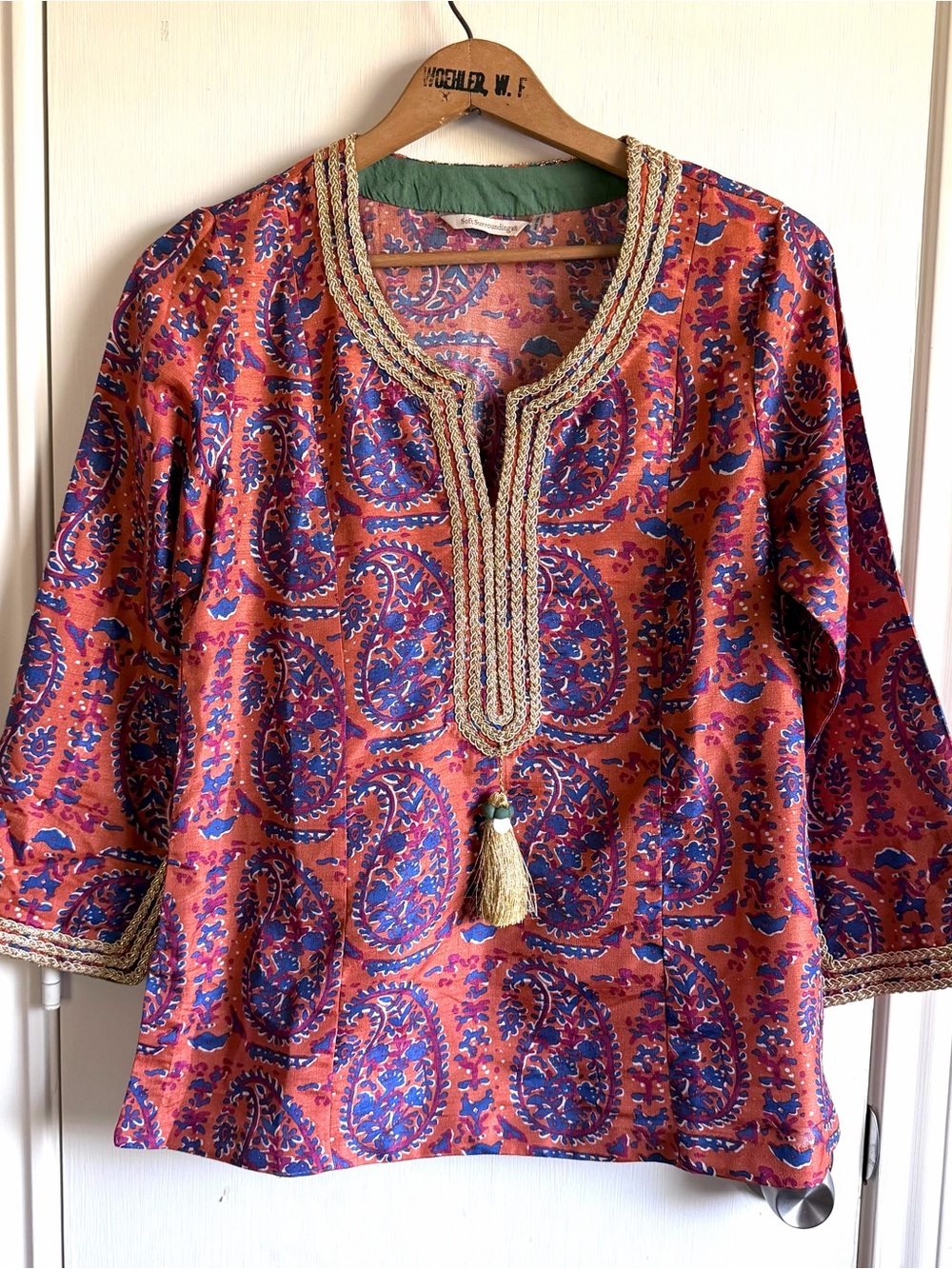 Soft Surroundings Women Size S Paisley Floral Tunic Top Shirt Woven Gold Tassel